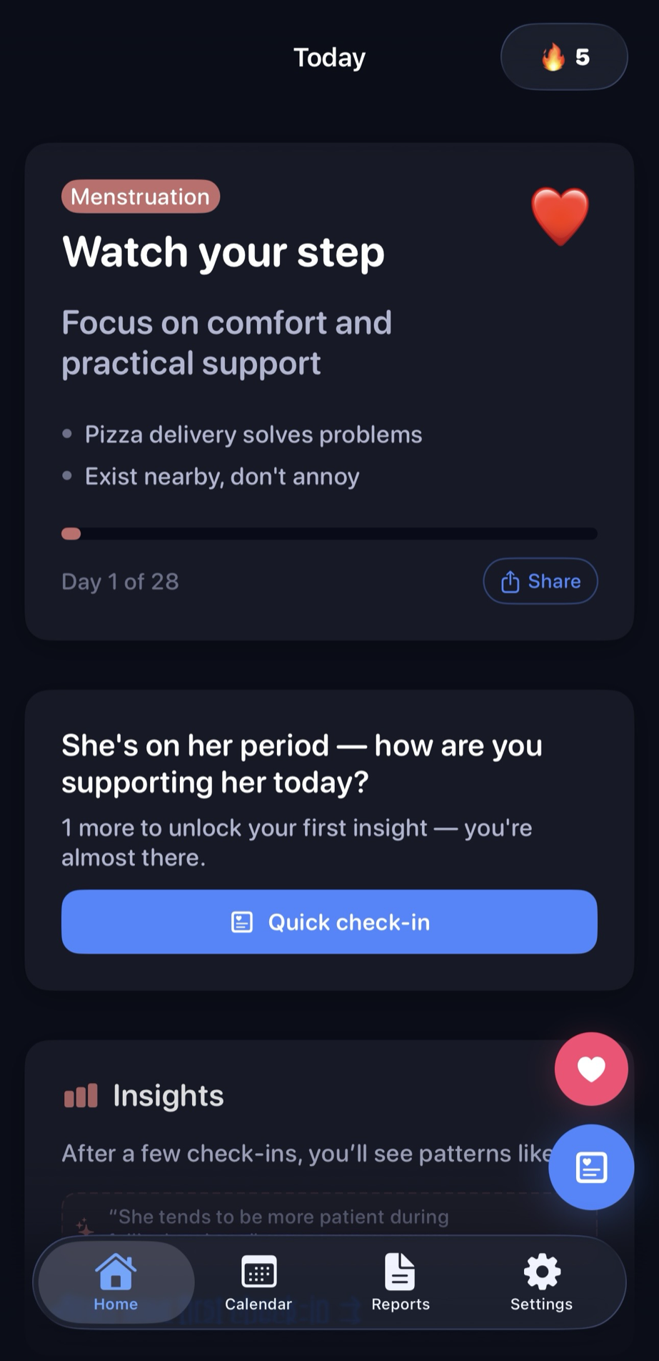 Yuni Today screen — Menstruation phase guidance